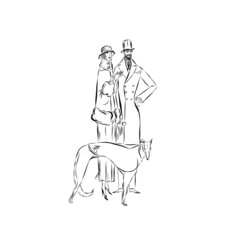 Man and woman in vintage clothes with dog