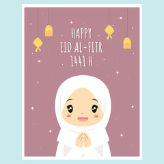 Happy Eid Mubarak 1441 H greeting card, happy little muslim girl cartoon vector. Printable Eid Al-Fitr card with hanging ketupat and lantern decoration vector