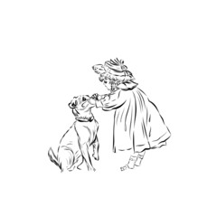 Fototapeta premium girl with dog in retro vintage dress