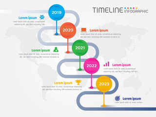Signboard shape elements of milestone, road map, timeline with world map grey background