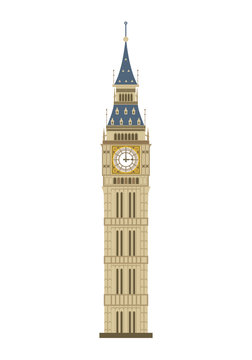 Big Ben tower in London, UK, isolated on a white background. Vector illustration, flat style.