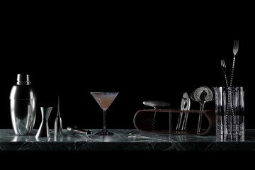 Fototapeta na wymiar A glass of salty dog cocktail and stainless steel bartending tools on a marble table isolated over black background 3D rendering.