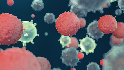 3D image of different dangerous coronavirus / virus molecules blurred on the dark blue isolated background