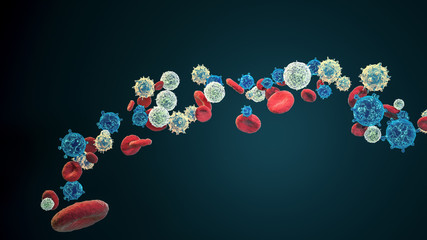 3D image of different colorful dangerous coronavirus / virus molecules blurred on the dark blue isolated background