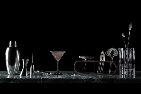 A glass of salty dog cocktail and stainless steel bartending tools on a marble table isolated over black background 3D rendering.