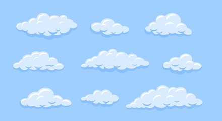 Set of cartoon clouds on blue sky background. Flat vector illustration.