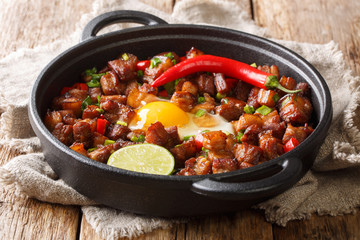 Tasty filipino sisig food served with egg, lime and chili pepper close-up in a pan. horizontal