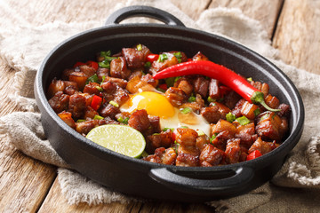Sizzling spicy pork sisig with egg ang lime close-up in a pan. Horizontal