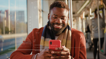 Future. Face Detection. Technological 3d Scanning. Biometric Facial Recognition. Face Id. Technological Scanning Of The Face Of Beautiful Caucasian Man At The Tram For Facial Recognition. Shoted By