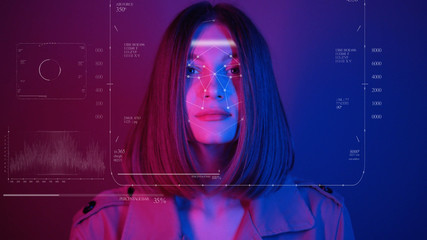 Future. Face Detection. Technological 3d Scanning. Biometric Facial Recognition. Face Id. Technological Scanning Of The Face Of Beautiful Woman. Neon Portrait. Bright Neon Lights. For Facial