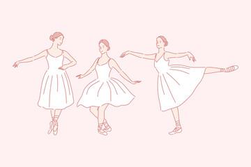 Dancing, ballet, teaching set concept. Young woman is russian ballet dancer. Graceful girl is being taught ballet. Cheerful female ballerina loves dancing and doing perfomance. Simple flat vector.