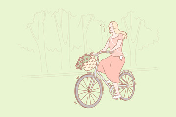 Bicycling in park concept. Young joyful woman indulges in bicycling. Happy cheerful girl rides bike with basket of flowers in park and listens music and enjoys nature. Simple flat vector