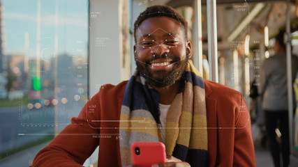 Future. Face Detection. Technological 3d Scanning. Biometric Facial Recognition. Face Id. Technological Scanning Of The Face Of Beautiful Caucasian Man At The Tram For Facial Recognition. Shoted By