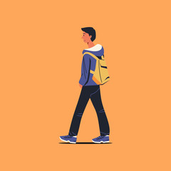  young man with backpack on back wearing hood clothing, long pants and sneaker travel alone to somewhere, cartoon character flat vector illustration design
