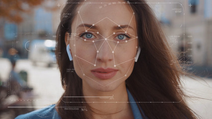 Future. Face Detection. Technological 3d Scanning. Biometric Facial Recognition. Face Id. Technological Scanning Of The Face Of Beautiful Caucasian Woman In The City For Facial Recognition. Shoted By