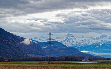 Mountain view in Evian-les-Bains in France in winter