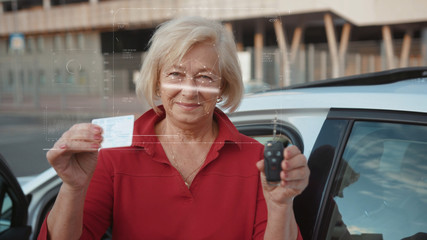 Future. Face Detection. Technological 3d Scanning. Biometric Facial Recognition. Face Id. Technological Scanning of the Face of Handsome Caucasian Senior Woman In The Car for Facial Recognition