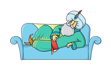 Fairytale Sultan dressed in green robe lying on sofa. Cartoon flat vector illustration, isolated on white background.