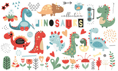 Estores personalizados con tu foto Cute dinosaurs and floral collection - leaves, flowers, plants. Hand drawn. Doodle cartoon dino characters for nursery posters, cards, kids t-shirts. Vector illustration. Isolated on white background.