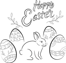 rabbit and easter eggs, coloring vector isolated illustration on white background. Concept for logo, cards, print , banner