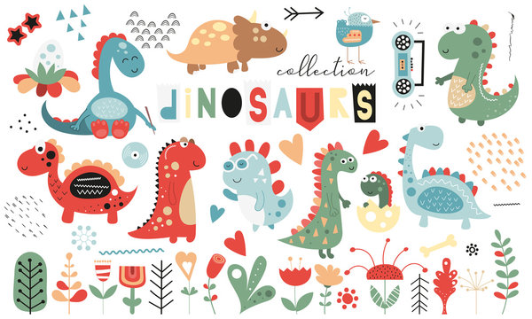 Cute dinosaurs and floral collection - leaves, flowers, plants. Hand drawn. Doodle cartoon dino characters for nursery posters, cards, kids t-shirts. Vector illustration. Isolated on white background.
