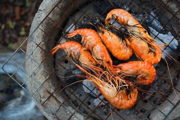 shrimp grilled bbq seafood on stove, outdoor food