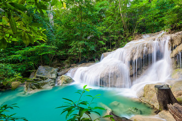 Waterfall in Tropical forest at Erawan waterfall National Park, Thailand