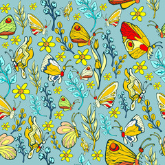 Fototapeta na wymiar Seamless Floral Pattern with Butterflies