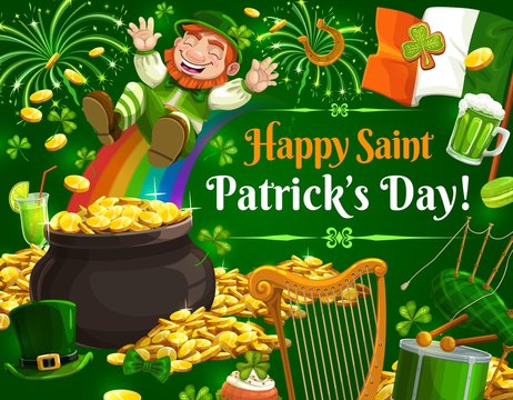 Patricks Day leprechaun sliding down on rainbow into pot of gold, vector. Irish holiday shamrock, green beer and clover leaves, golden coins, horseshoe, flag of Ireland and treasure cauldron