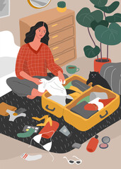 Cute girl with cat in cozy scandinavian home interior packing her suitcase and preparing for travel. Happy traveler getting ready for summer vacation. Cartoon colorful vector