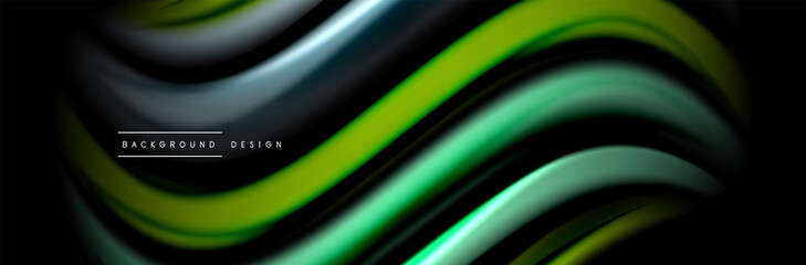 Silk and smooth flow wave poster design. Color waves, liquid style lines and shapes in black color background