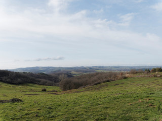 Fototapeta na wymiar Paysages d'Auvergne. Entre limagne en l'Allier et collines, bocages et plaines du Puy-de-Dôme. Route D207 entre Chaptuzat, Chantemerle, Saint-Angoulin, Saint-Quintin-sur-Sioule et Ebreuil
