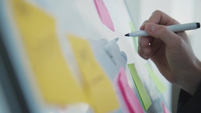 American creative designer writing notes on white board standing in office room. Concept create ux design for people. Young male manager working on new blueprint, taking color notes holding marker in