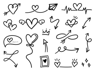 Hand drawn doodle vector collection with highlight text, arrow, firework, swirl, tail, flower, heart, graffiti crown, heart, love, speech bubble, star, cute sign for valentine and cute design element.