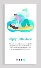 Happy motherhood, side view of woman holding baby, smiling people. Mother playing with child, parent and kid, parenthood and childhood. App slider for website, landing page application flat style