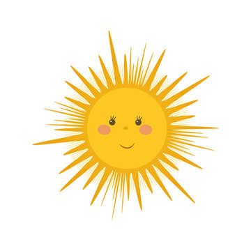 Hand drawn vector illustration of smiling sun. Cute sunny character isolated on white background. Kids illustration. Summer and spring symbol. Print design. Cartoon character.