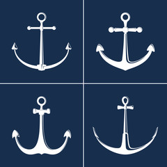 Set of anchors, white flat anchor isolated on blue background, marine equipment, travel and tourism concept, vector illustration