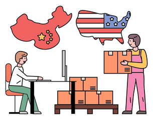 Men work at post office in United States of America. Guy carry carton box with parcel. Flags of countries on wall. International shipment and delivery parcels from China to USA. Vector illustration