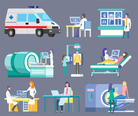 Hospital and clinics vector, isolated ambulance and doctors in laboratory. Working doc, ct computed tomography and scanning of patients roentgen scan