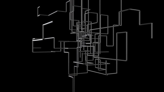 Abstract metal pipe growth animation. The camera rotating around growing 3D metallic stripes. Technological industrial template.Black background for alpha,luma channel.