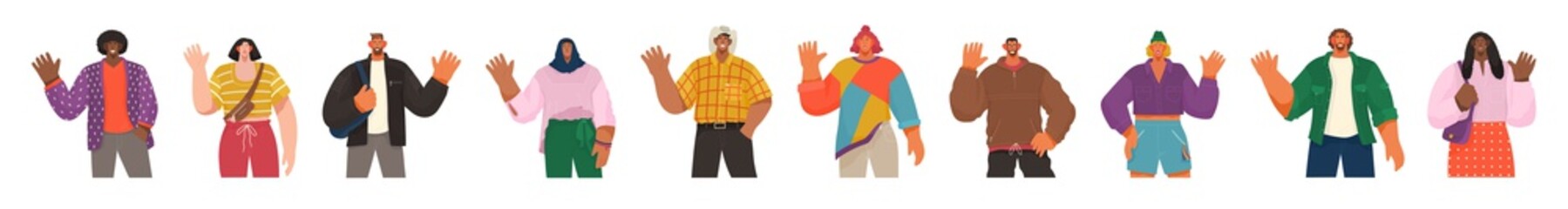 People from different countries saying hi and greeting. Man and woman waving hands and gesturing in friendly way. Cheerful characters representing various nations around world, speakers say hello © robu_s