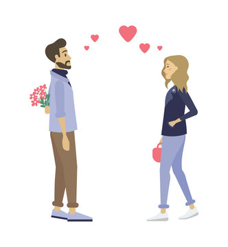 Couple on first date, man and woman dating isolated. Vector cartoon character male and female, hearts over them. Bearded guy with flowers, lady with sack