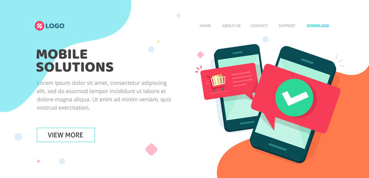 Mobile development or solution service agency website template design vector layout or mockup flat cartoon, smartphone or cellphone apps programming web site landing page layout or banner image