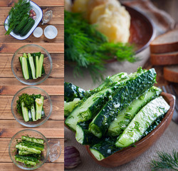 Collage of step by step cooking pickled cucumbers with dill and garlic, selective focus