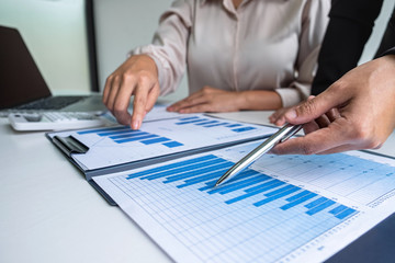 Executive business woman team brainstorming on meeting to conference planning investment project working and strategy of business making conversation with partner, financial and accounting concept