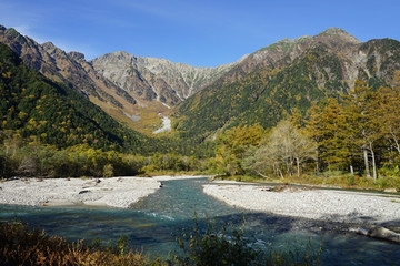 Fototapeta na wymiar Beautiful crystal clear water river landscape with mountain background in Japan Alps Kamikochi, Nagano, Japan
