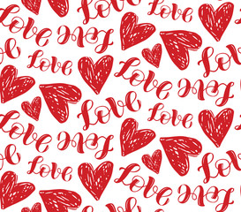 Cute hand drawn doodle pattern background with heart. Love pattern