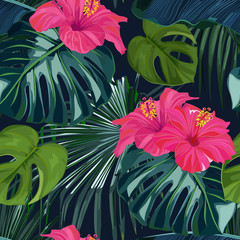 Naklejki  Lato wzór z liści tropikalnych palm i hibiskusa. Modny nadruk w dżungli. Hawajskie tło. Ilustracja wektorowa