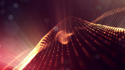 Microworld or sci-fi theme. 3d rendering background of glowing particles that form curved lines and 3d surfaces, grid with depth of field, bokeh. Golden red version 14