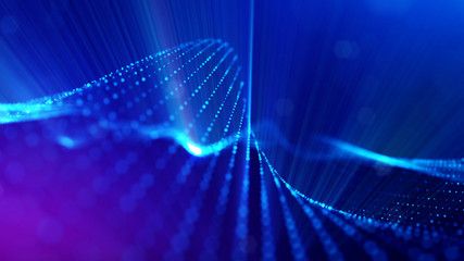 Obraz premium Microworld or sci-fi theme. 3d rendering background of glowing particles that form curved lines and 3d surfaces, grid with depth of field, bokeh. Blue version 13